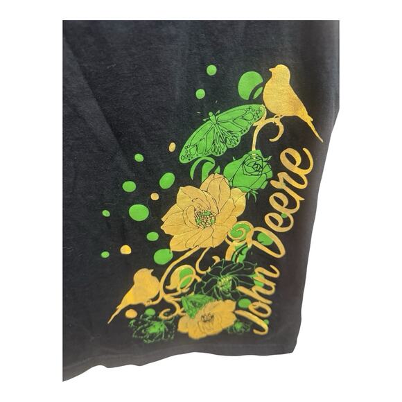 John Deere T-Shirt Women's L Black Gold & Green Floral Bird Graphic V-Neck SS - Picture 2 of 3